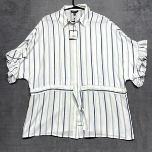 Madison Shirt Womens Medium White Striped Short Sleeve Collared Drawstring Waist